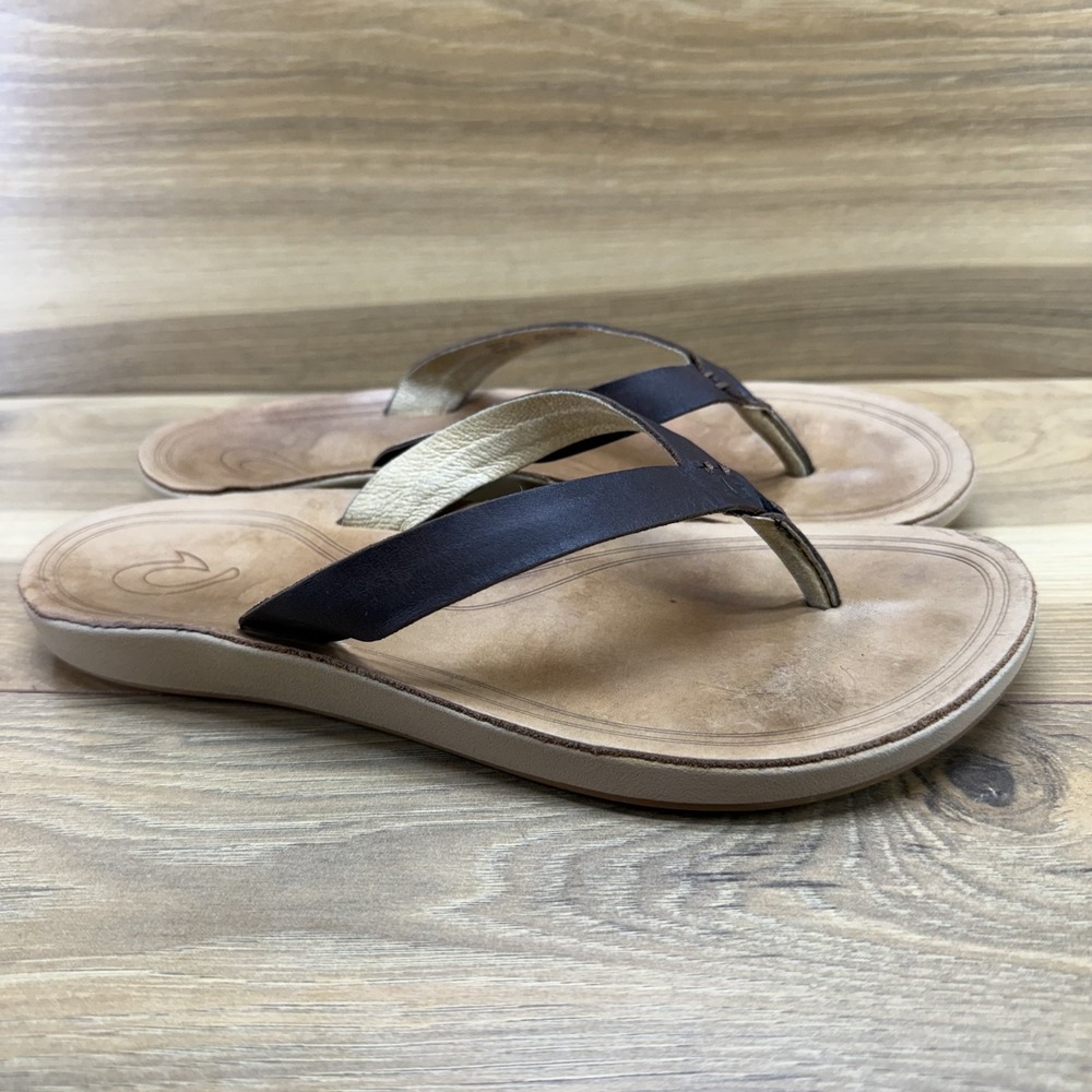 Olukai Nonohe Flip Flops Womens 8 Brown Leather Thong Sandals